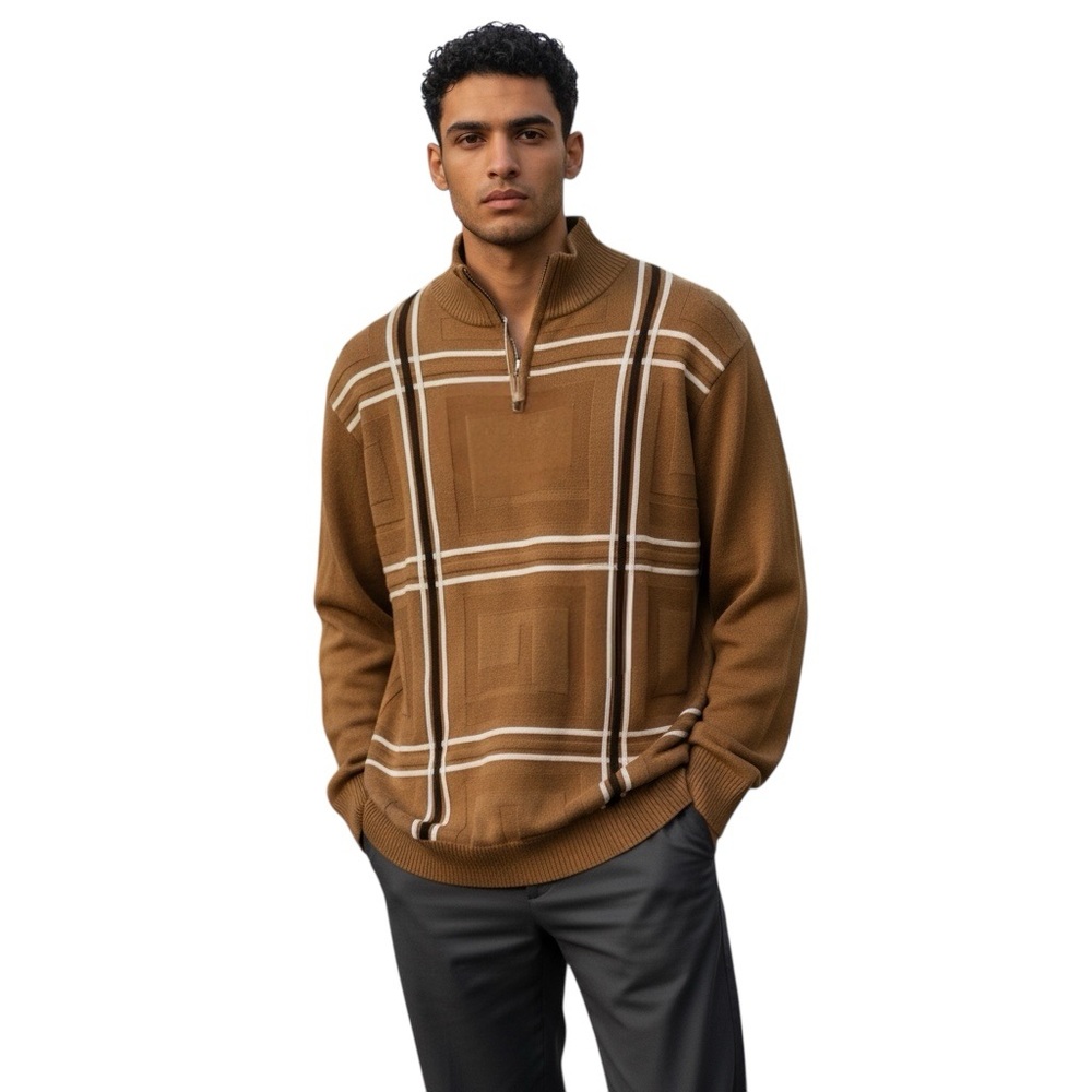 Stacy Adams Brown Mock Neck 1/4 Zip Sweater NWT Size Large Classic Check Knit‎